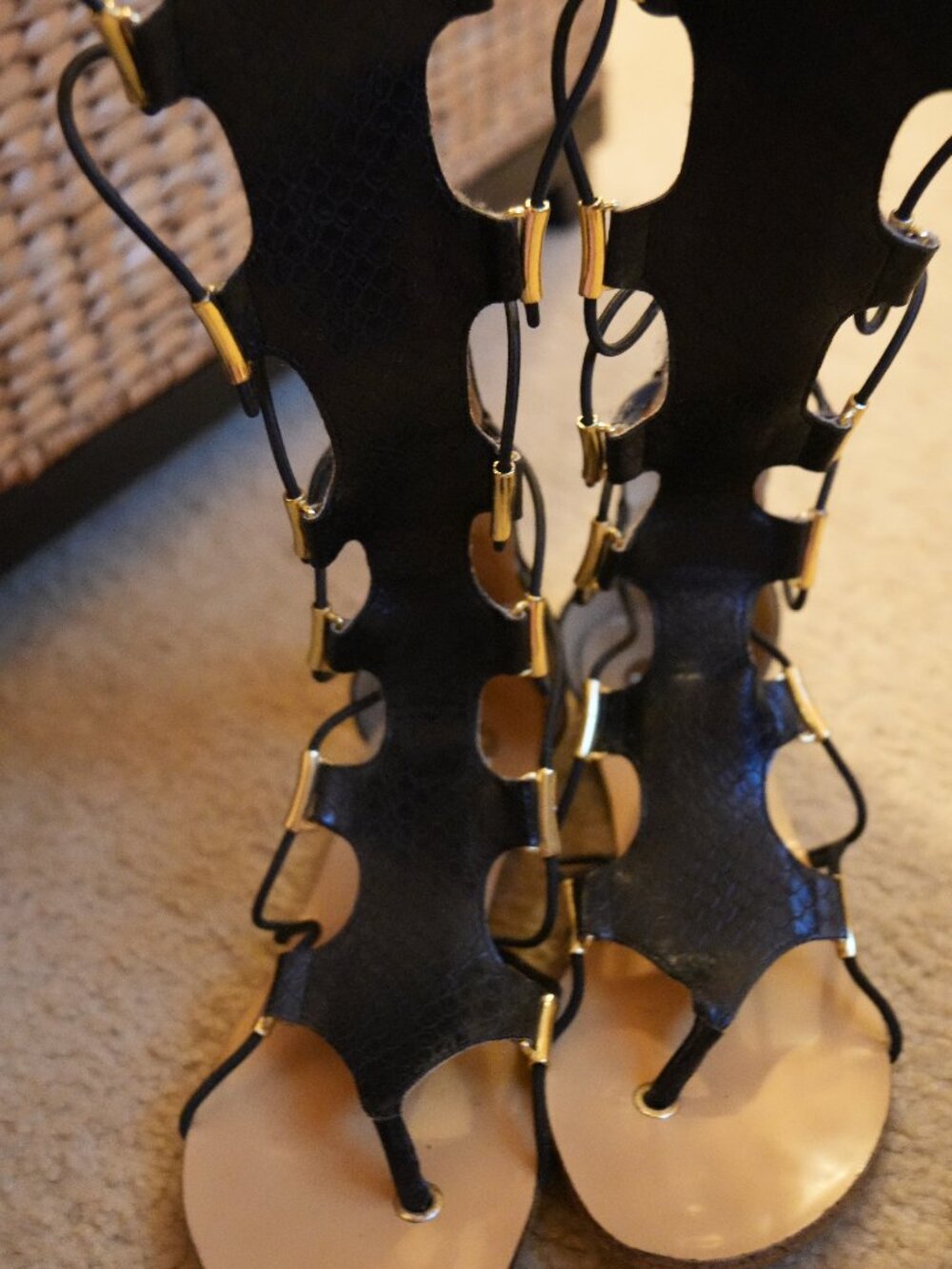 Exé Shoes Black Snakeskin Lace Up Gladiator Sandals Gold Trim Size 39 / US 8.5